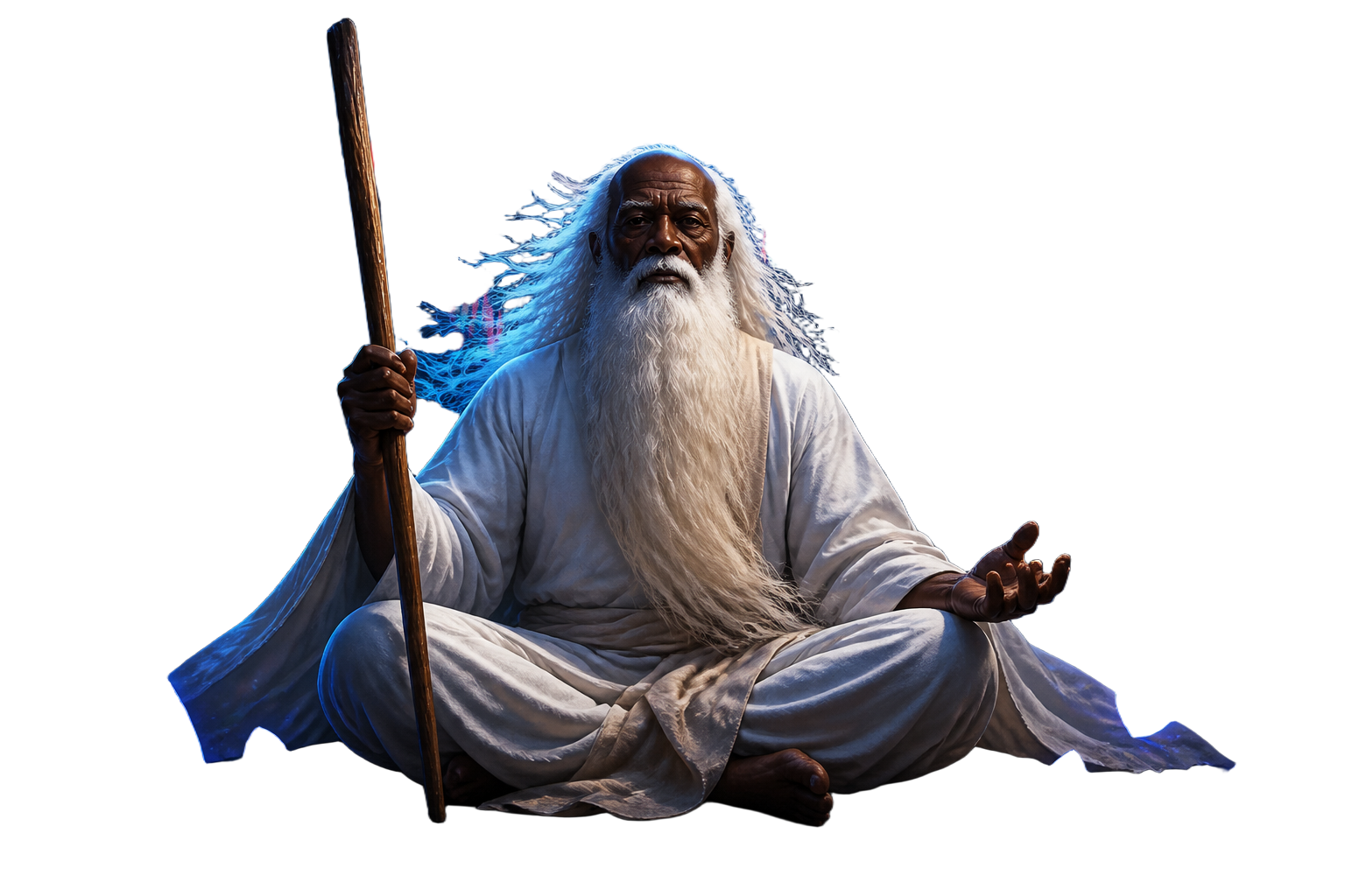 LAPIS, the calm white-robed monk, meditating while crypto charts erupt around him